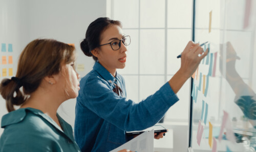 Group of Young Asian businesswomen in smart casual wear using tablet and writing on colorful sticky notes develop business project in creative office.